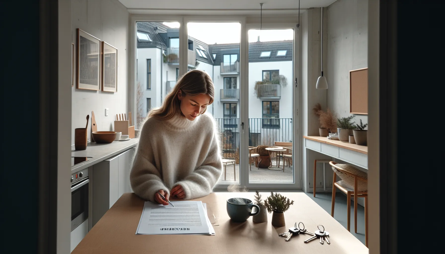 Norwegian woman choosing between eierseksjon and borettslag documents at home table.
