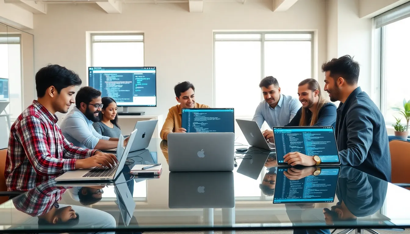 diverse programmers collaborating in a modern office setting.