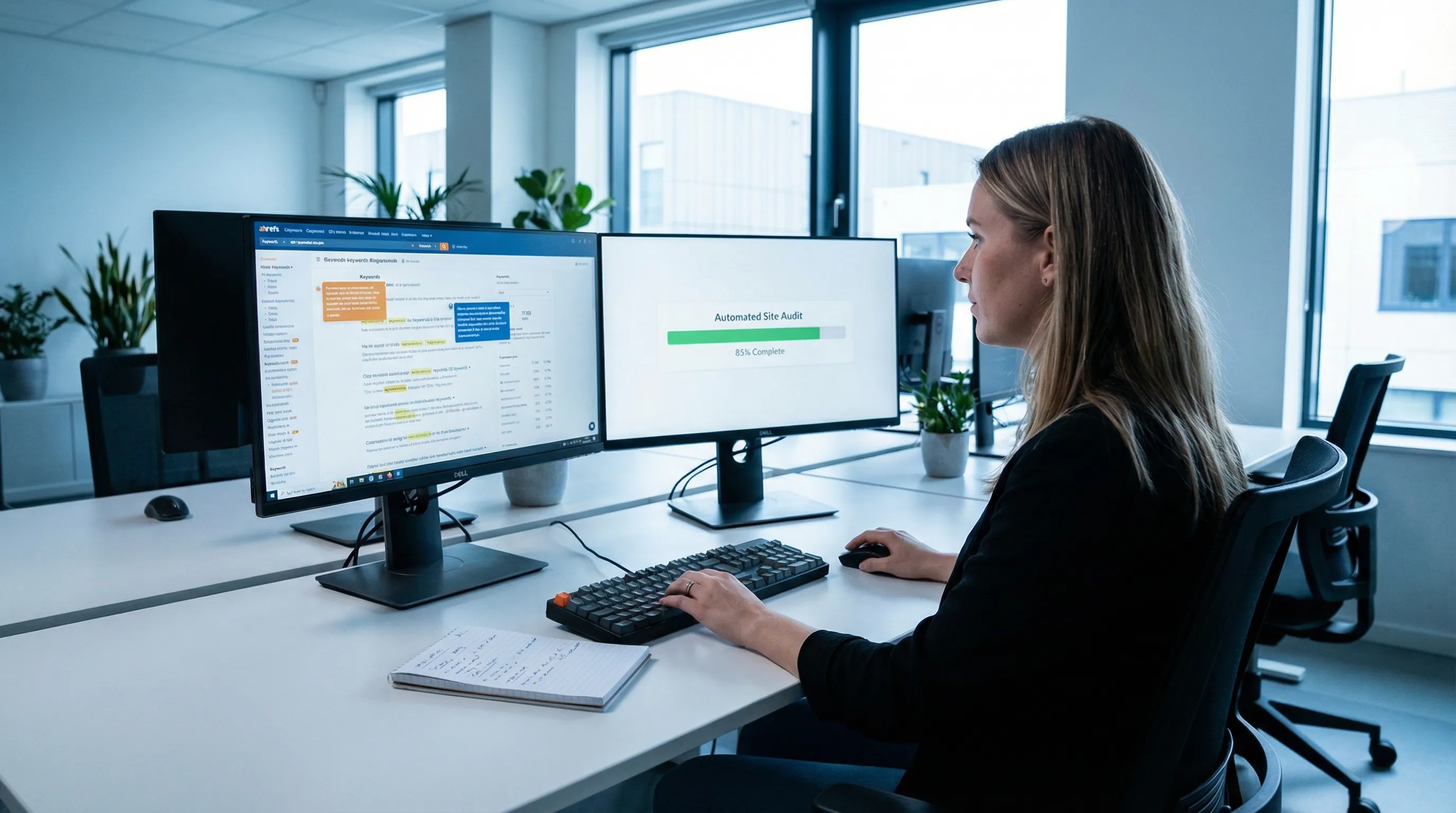 Dual monitors displaying automated keyword optimization and an SEO audit in progress in a modern office.