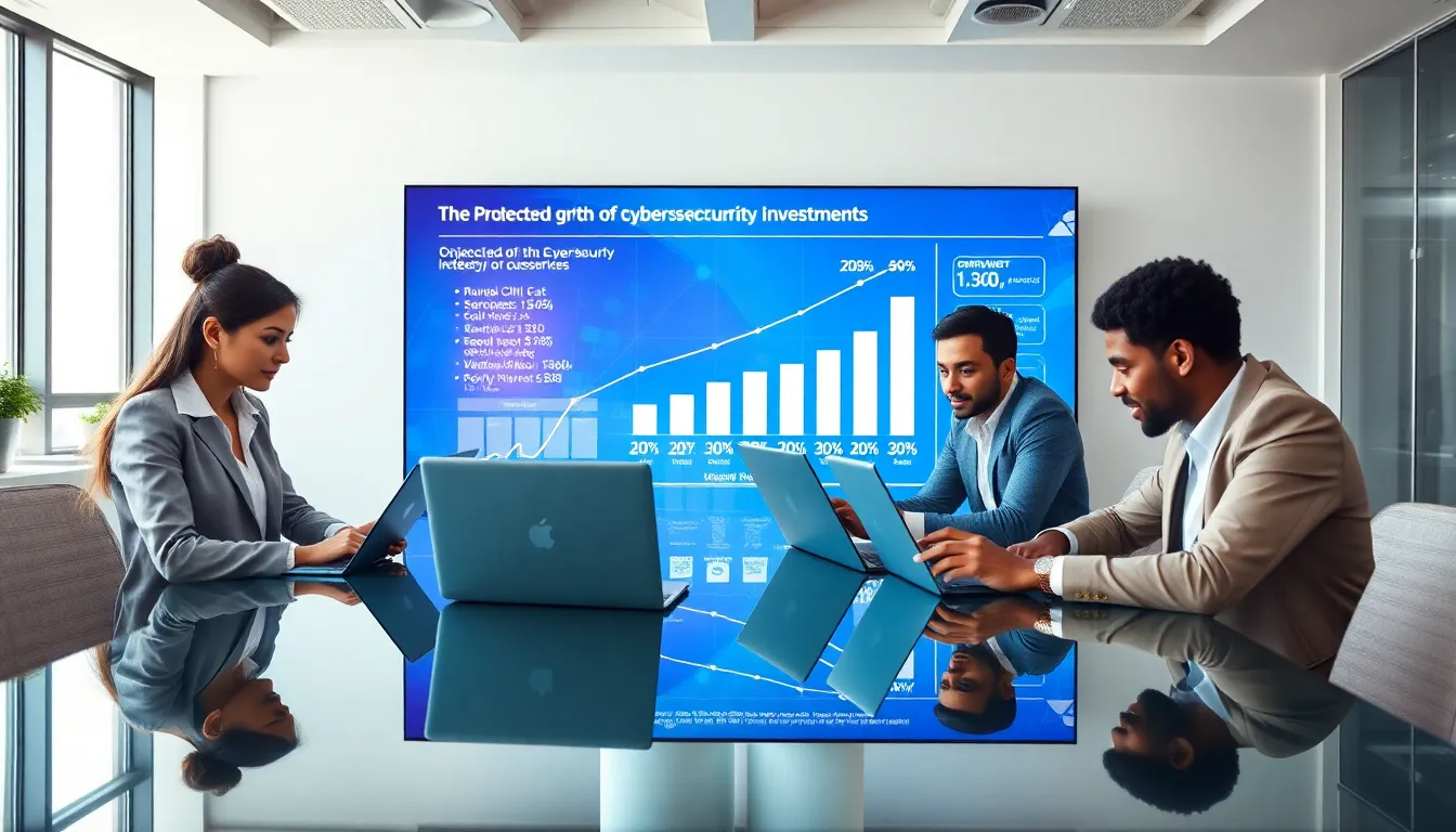 diverse team discussing cybersecurity growth in a modern office setting.