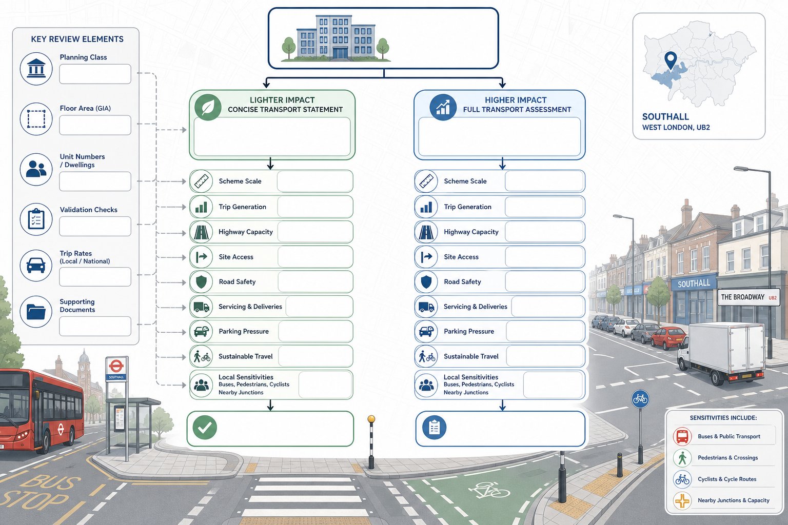 Decision tree showing when a transport statement or assessment is needed in Southall.