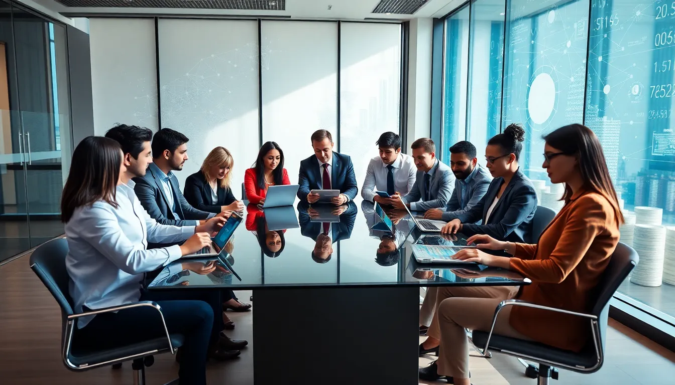 diverse team collaborating in a modern office around digital data.