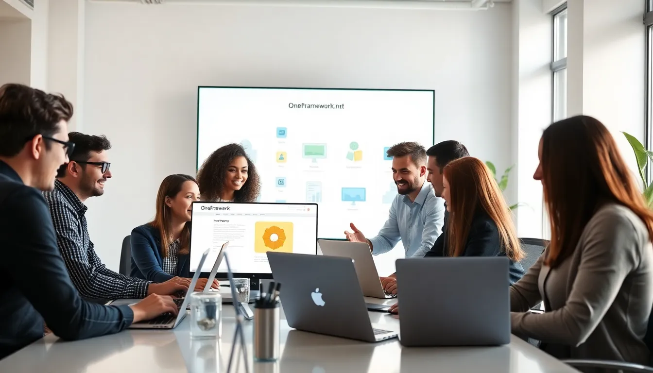 diverse developers collaborating in a modern office showcasing OneFramework.