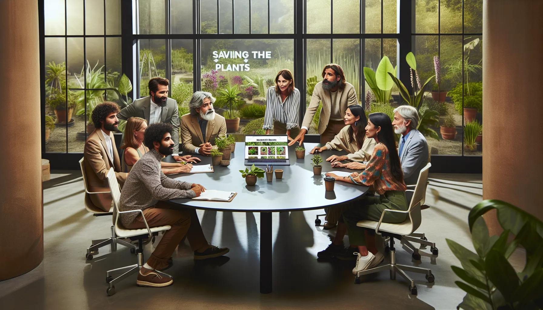 diverse team discussing plant conservation resources in a modern office.