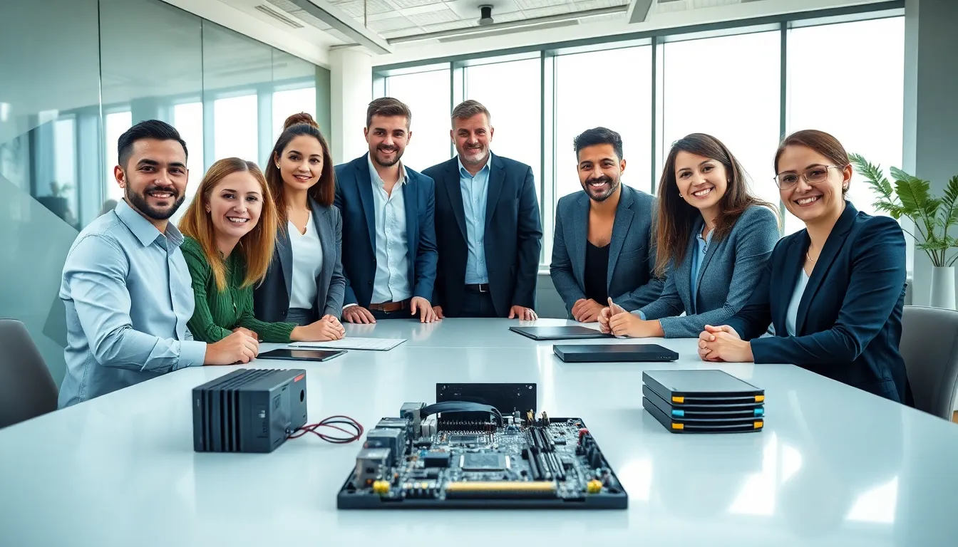 team collaborating on Durostech hardware in a modern office.