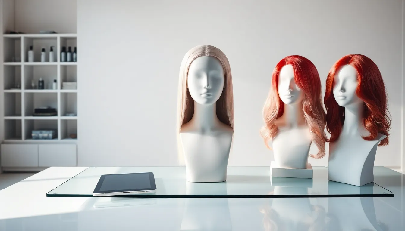 Premium wigs on modern stands in a bright, professional studio.