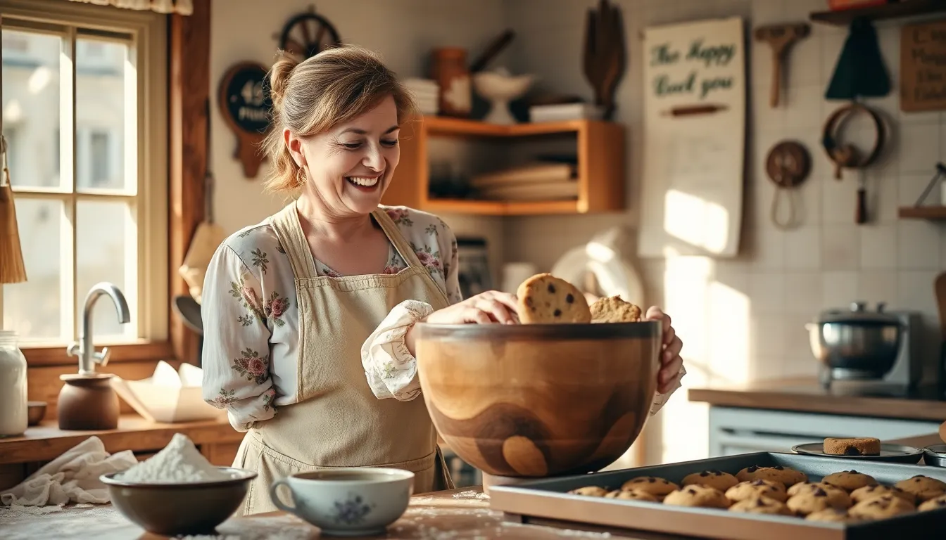a woman baking cookies in a cozy kitchen filled with warmth.