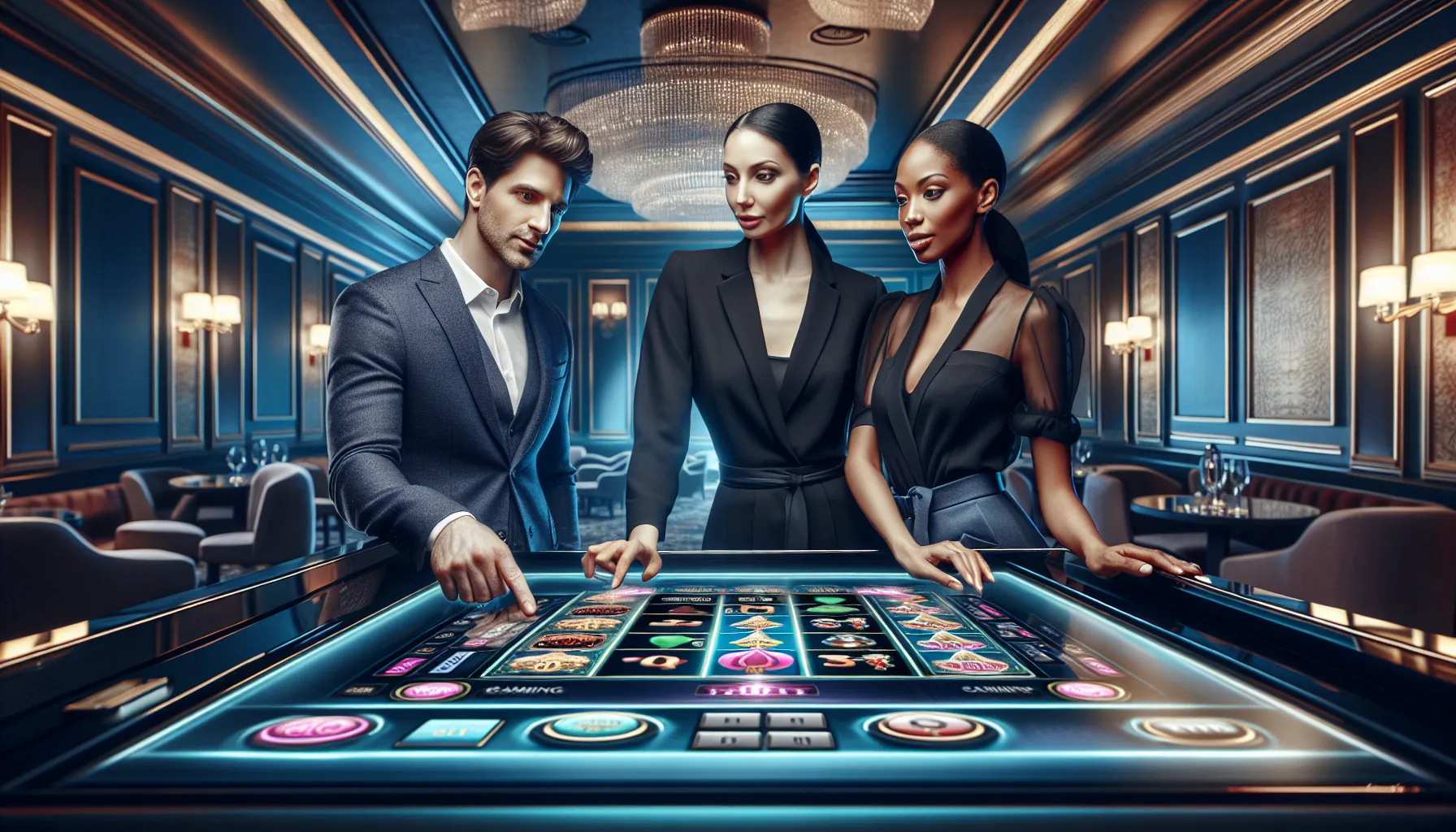 professionals discussing strategies for playing Luna Play88 slot in a casino.