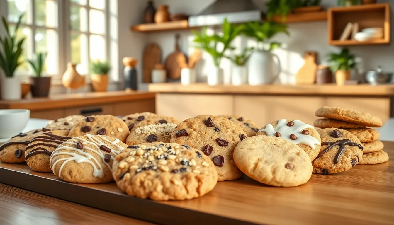 a display of assorted freshly baked Cookies For Love on a wooden table.