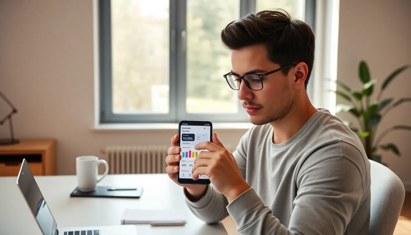 person using a Samsung phone to check screen time in a modern office.