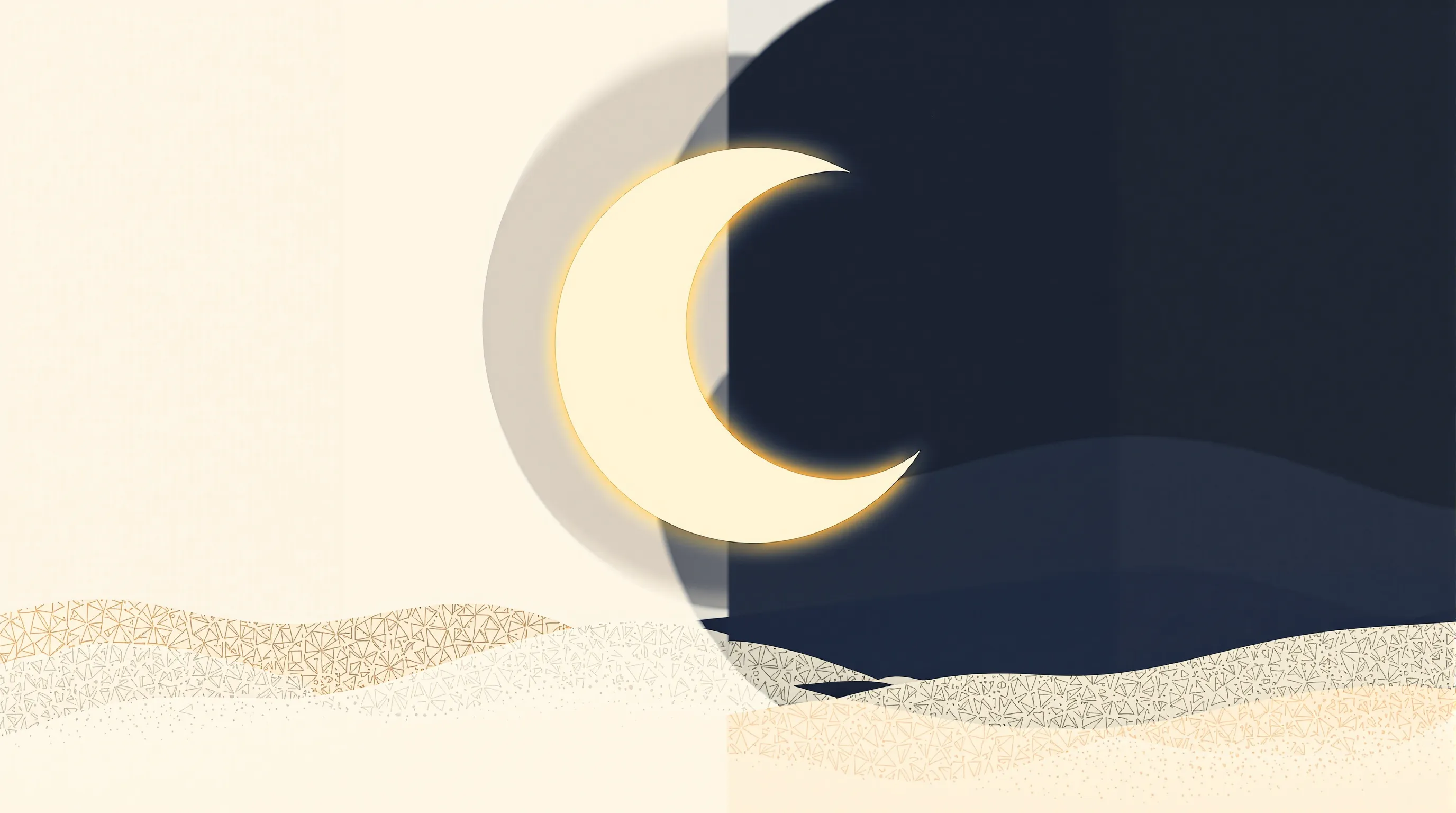 Crescent moon glowing over a simple night landscape with subtle arabesque accents.