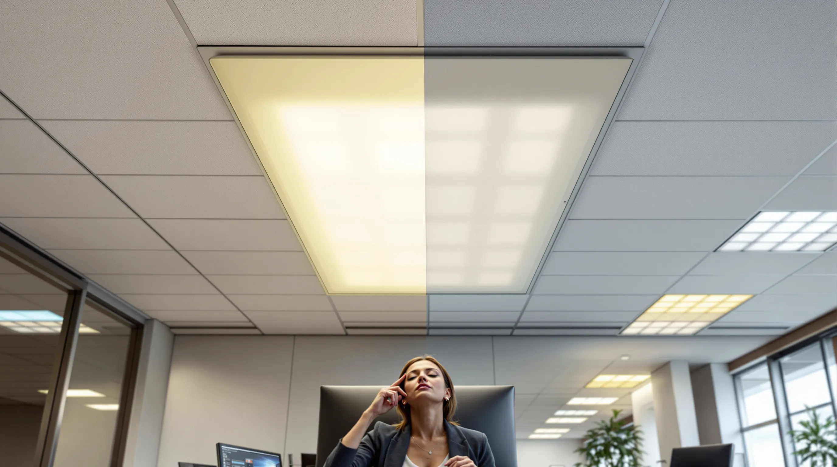 Office troffer with amber filter reduces harsh blue glare above a pained worker.