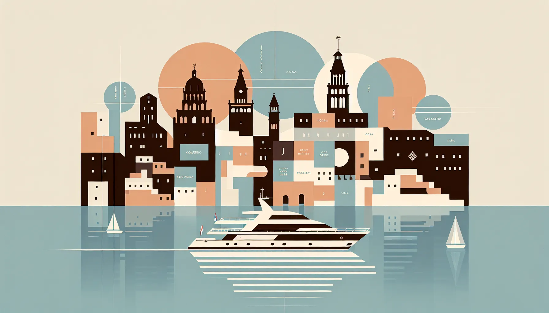 Simple yacht silhouette in Split harbor with minimalist Croatian coastal architecture