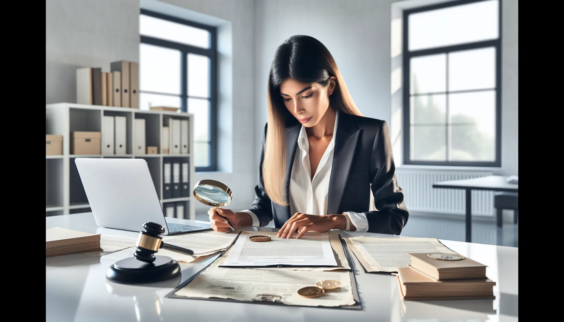 Croatian legal professional examining property ownership documents at modern office desk