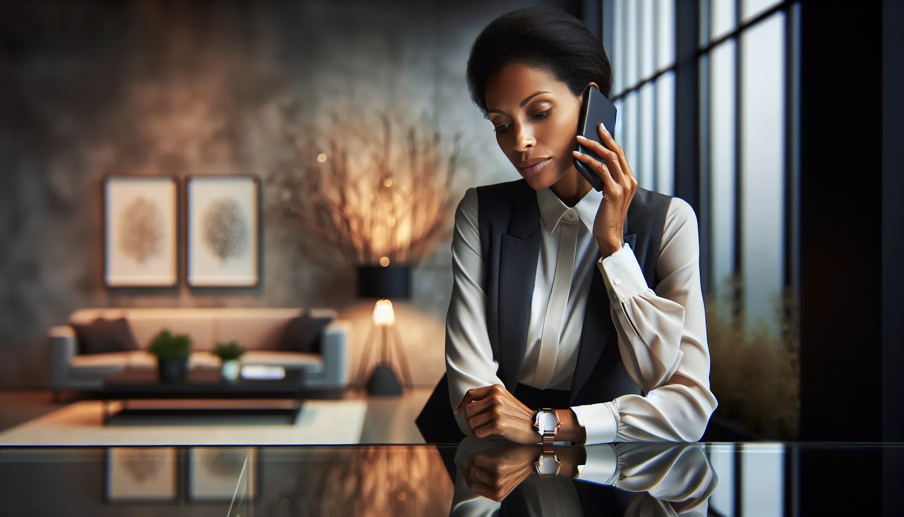 business person answering a call in a modern office.