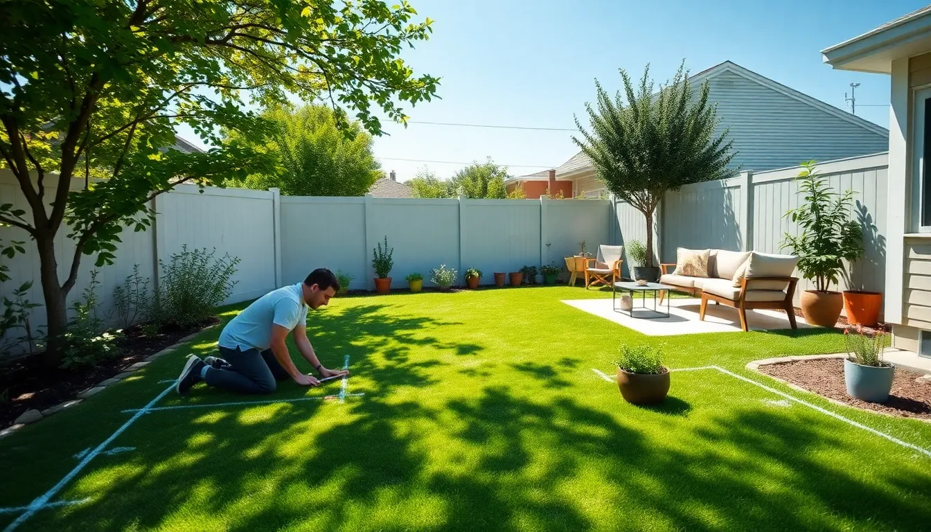 Backyard space with an individual measuring, herbs, and seating area.