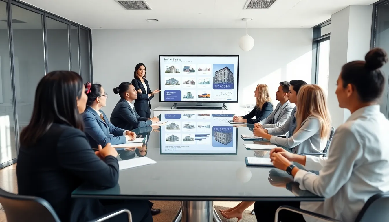 diverse professionals attending a real estate investing class in a modern office.