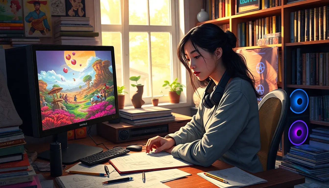 a game designer working in a creative space filled with game designs.