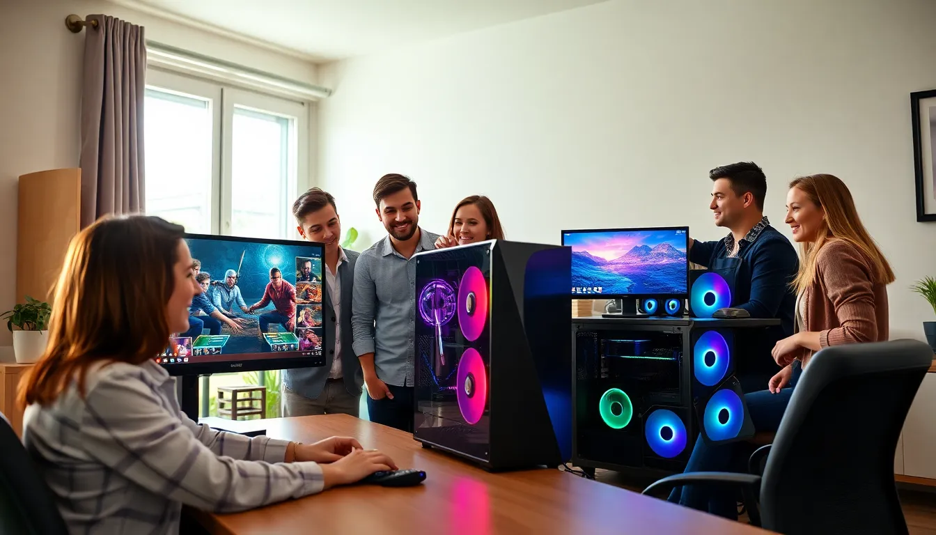 diverse team collaborating around a gaming PC in a modern office.