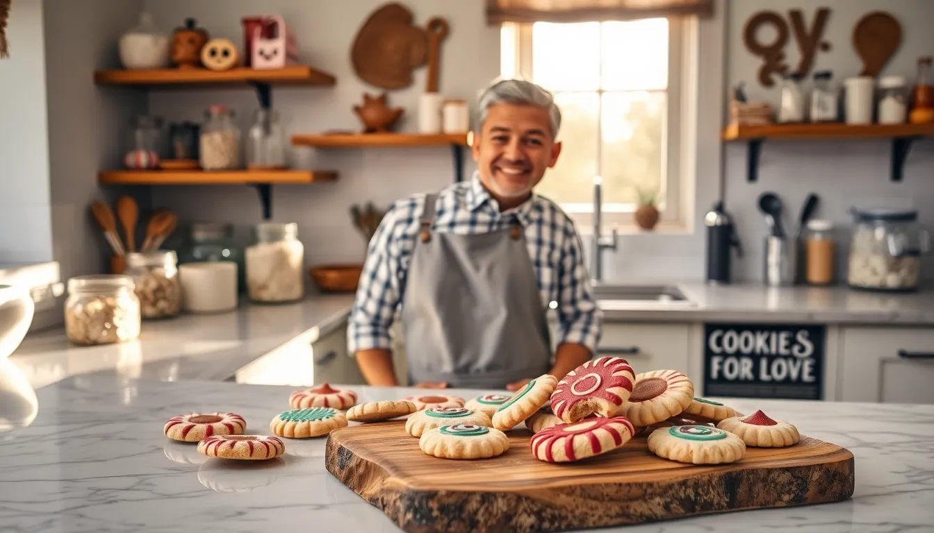 baker in a cozy kitchen surrounded by beautifully decorative cookies.