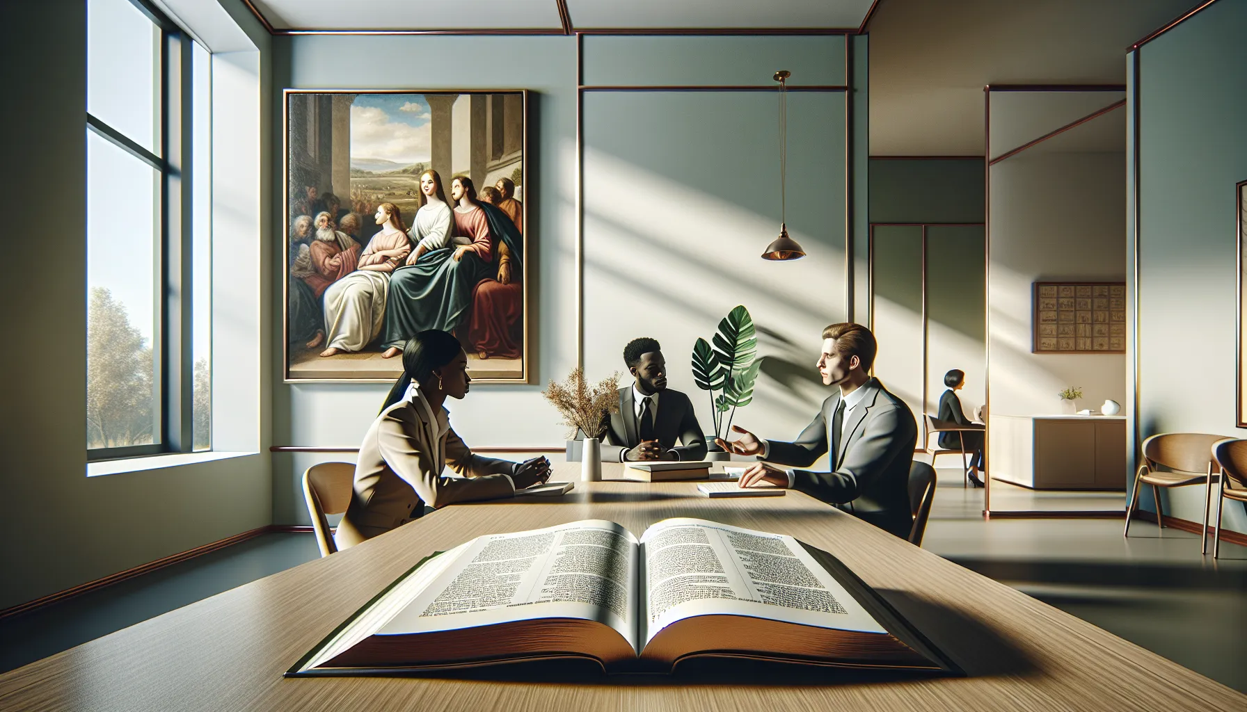 professionals discussing the meaning of the name Tristan in a modern office.