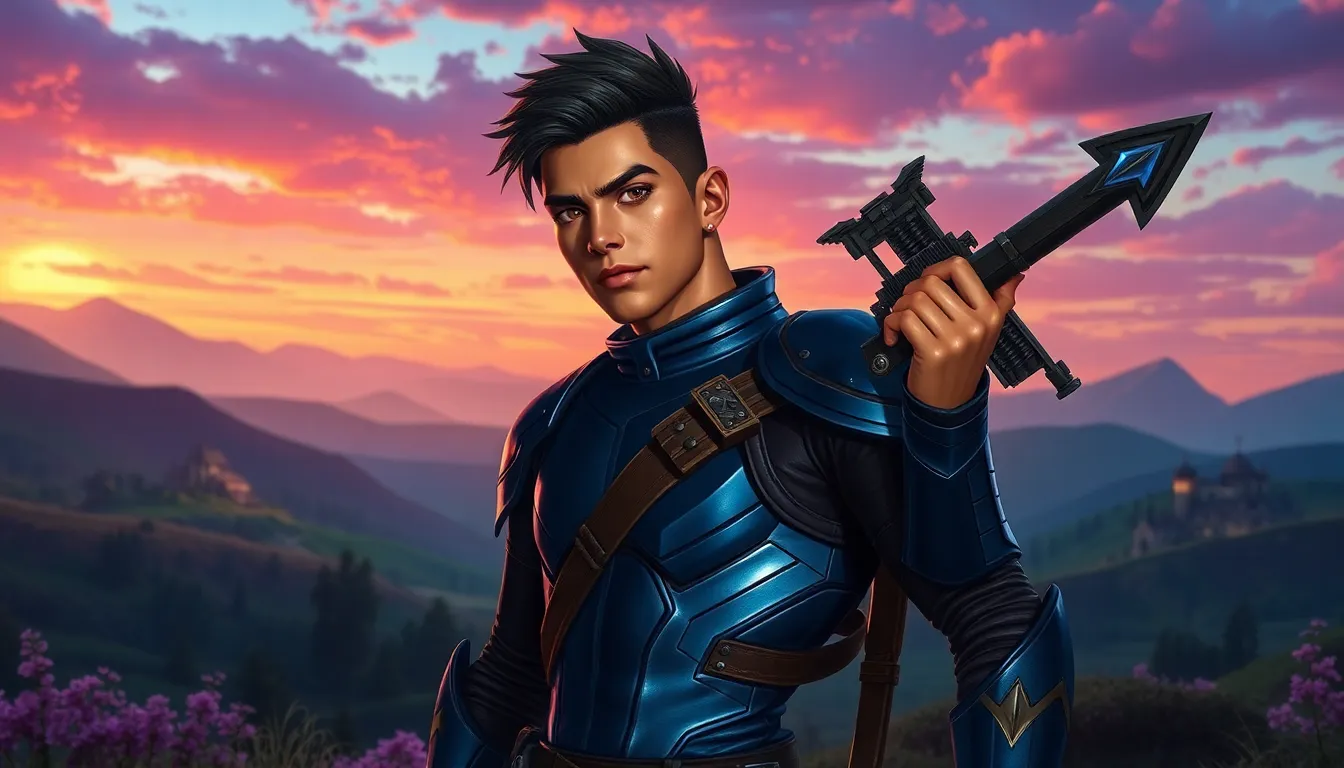 Larry Nando in combat-ready pose amidst the vibrant landscape of Gameria.