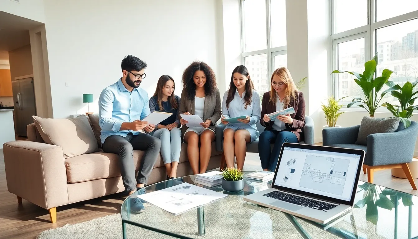 professionals collaborating on furniture selection in a modern living space.