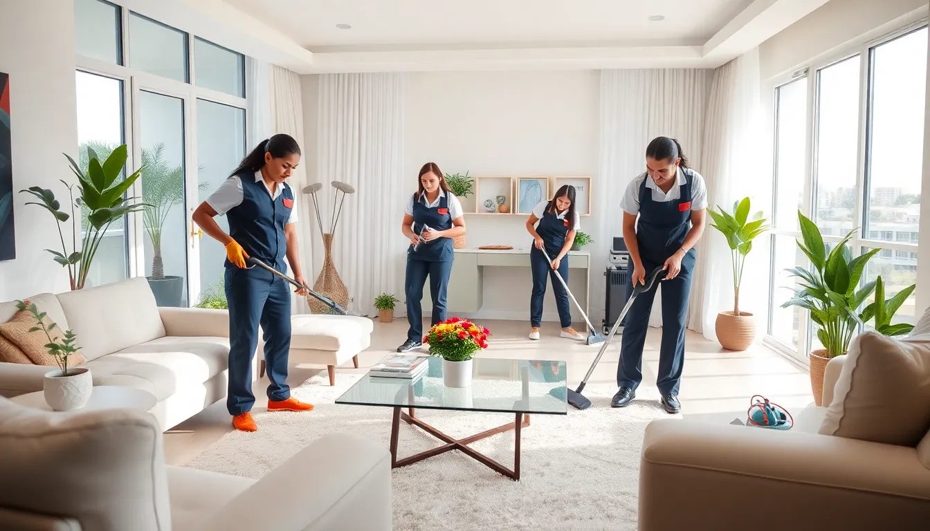 diverse cleaning team at work in a modern Miami home.