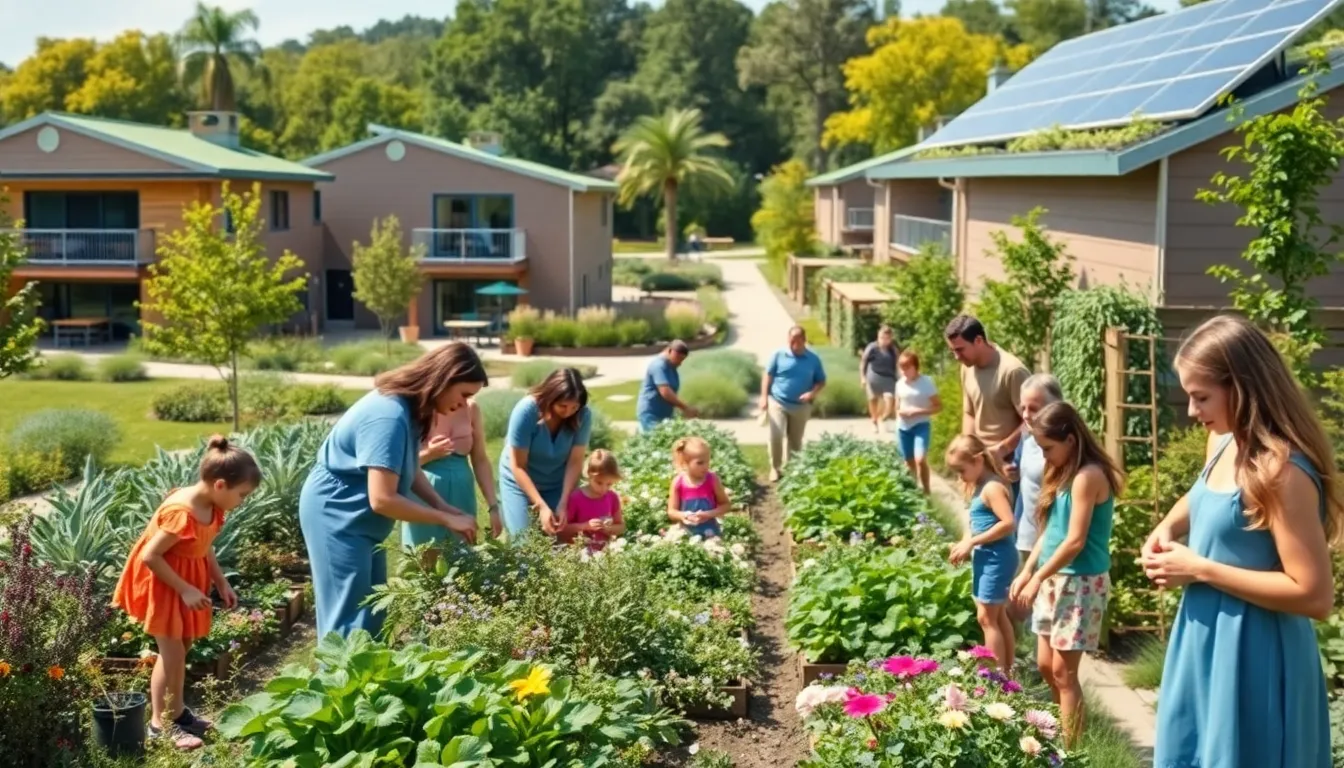 diverse community engaged in sustainable living activities in a garden setting.