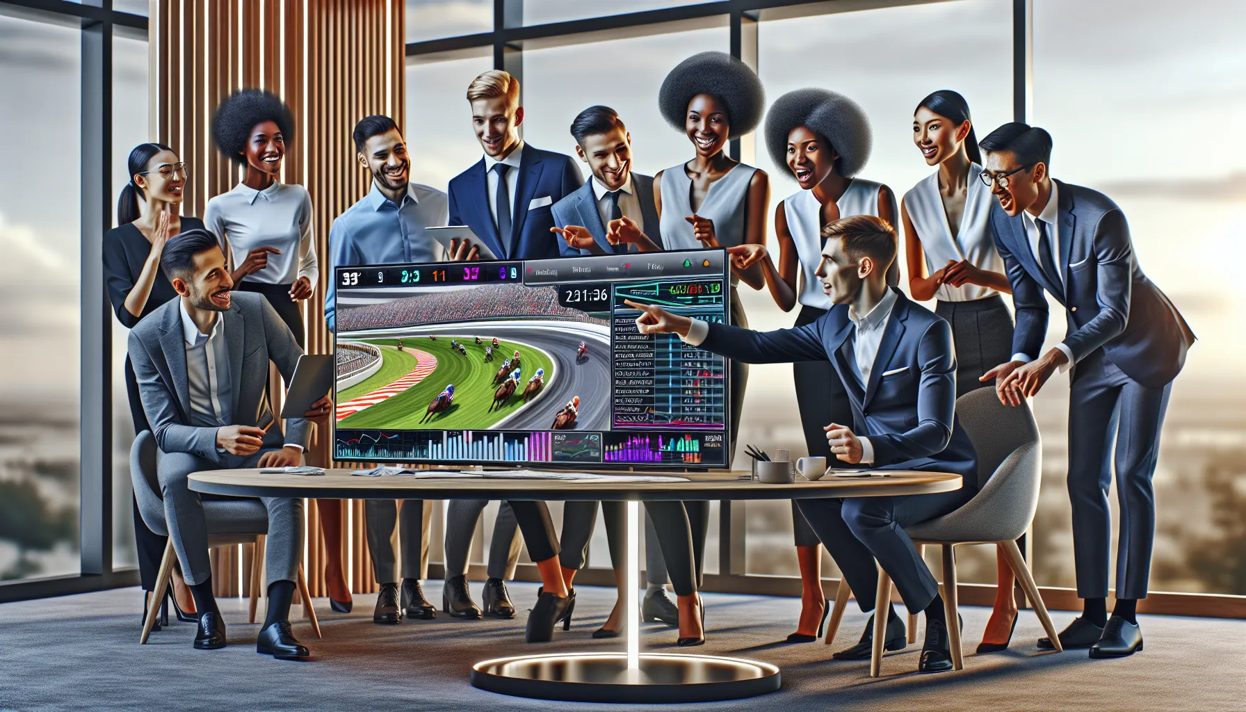 diverse professionals engaging with Superdice live race interface in a modern office.