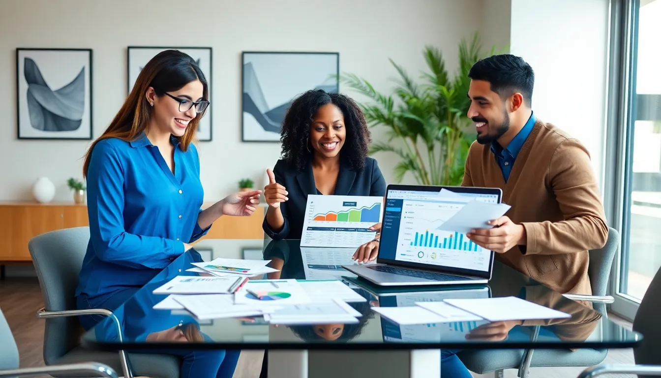 diverse professionals discussing financial concepts in a modern office.