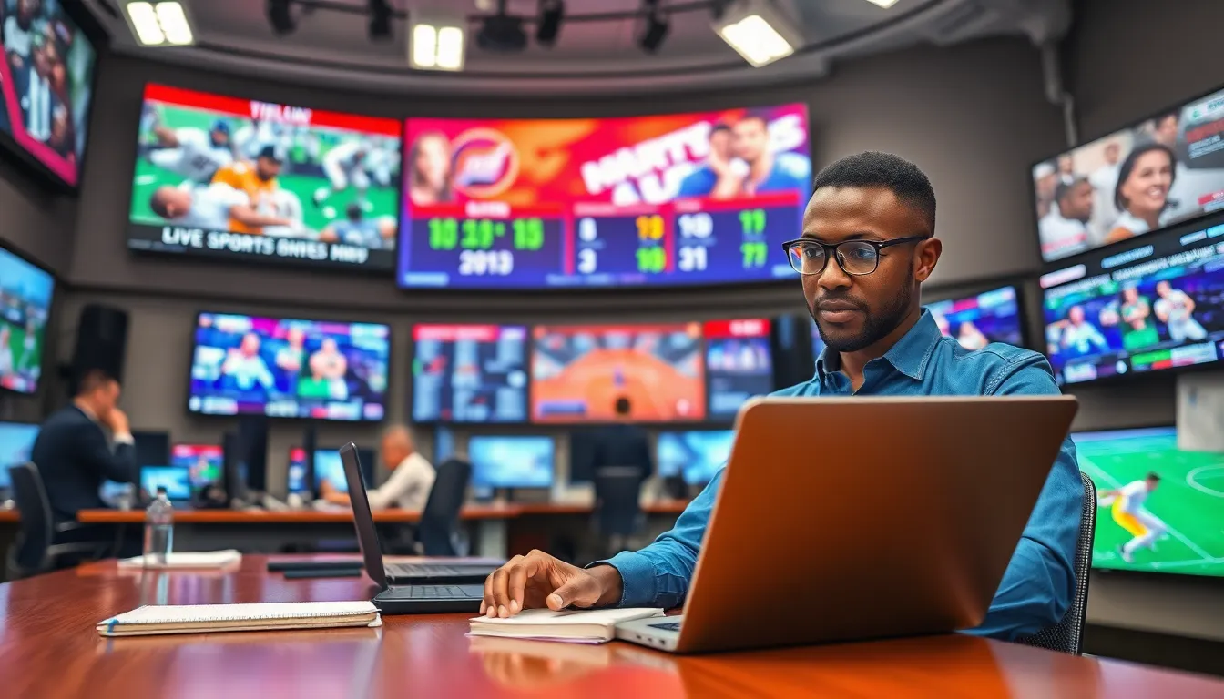 a journalist in a busy sports newsroom, working on a laptop with live sports updates.