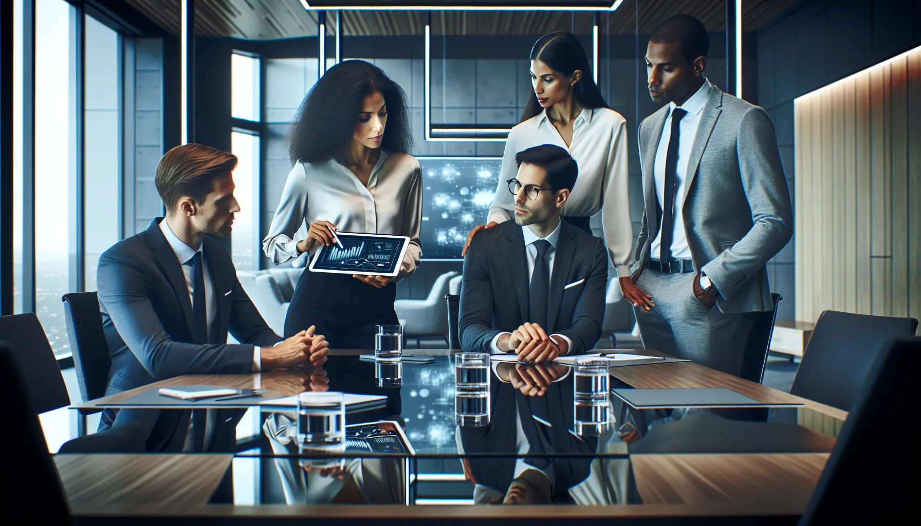diverse team evaluating data in a modern office.