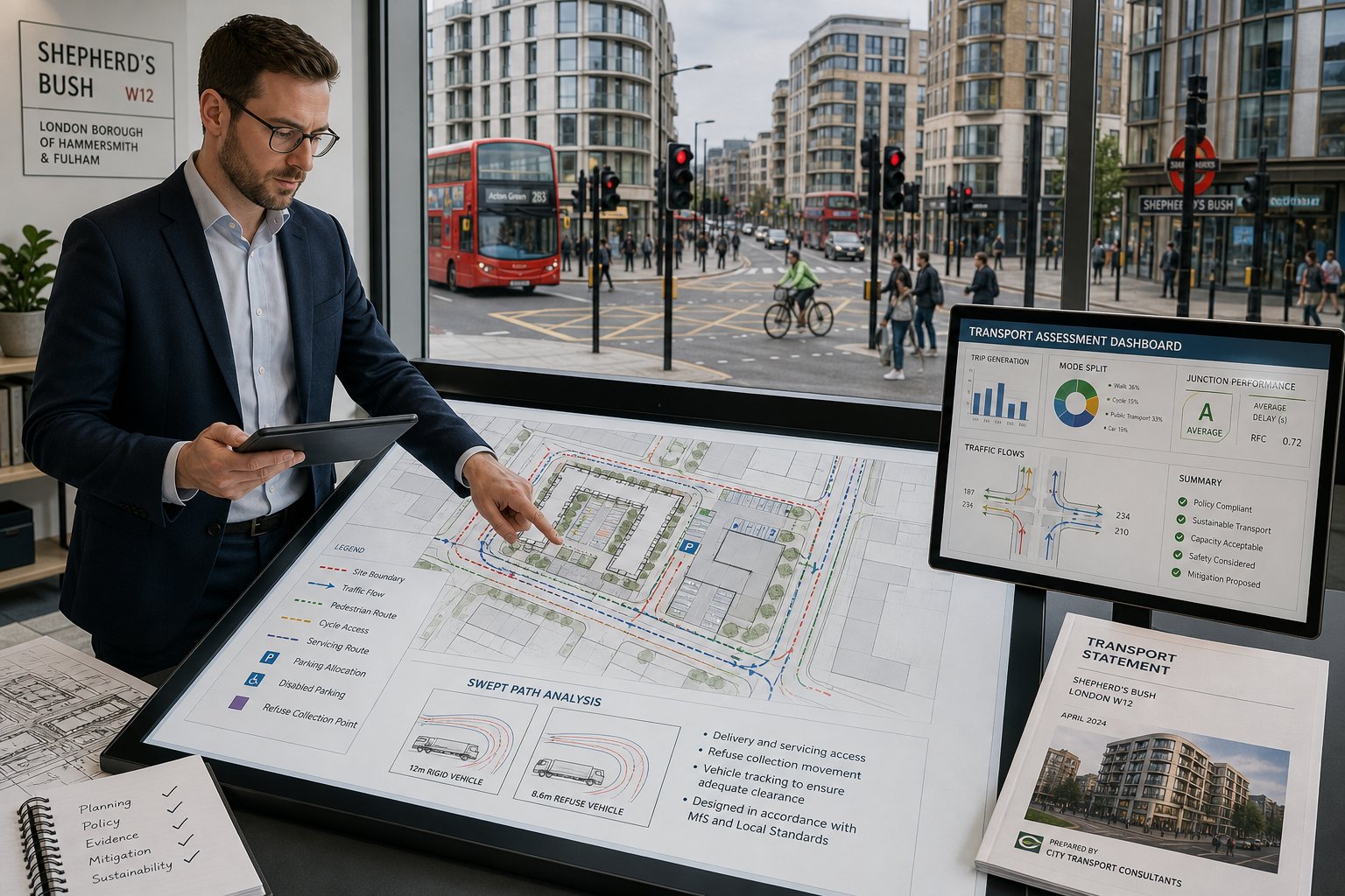 Traffic engineer reviewing a development site plan in a modern UK office.