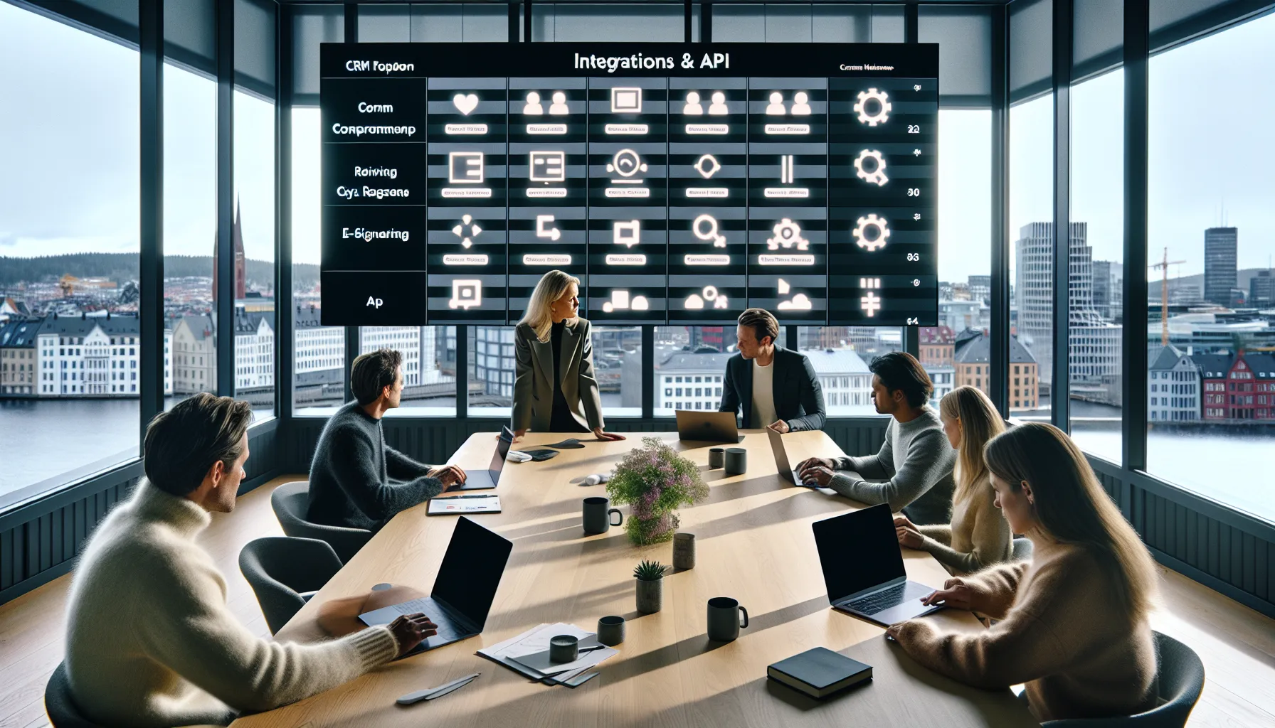 Norwegian smb team compares crm systems on a large screen in oslo office.