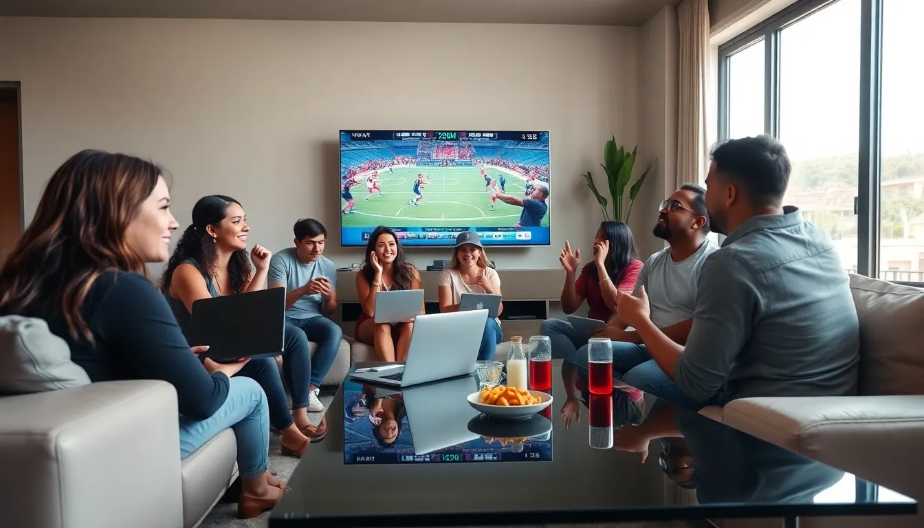 diverse fans enjoying a live sports event in a cozy living room.