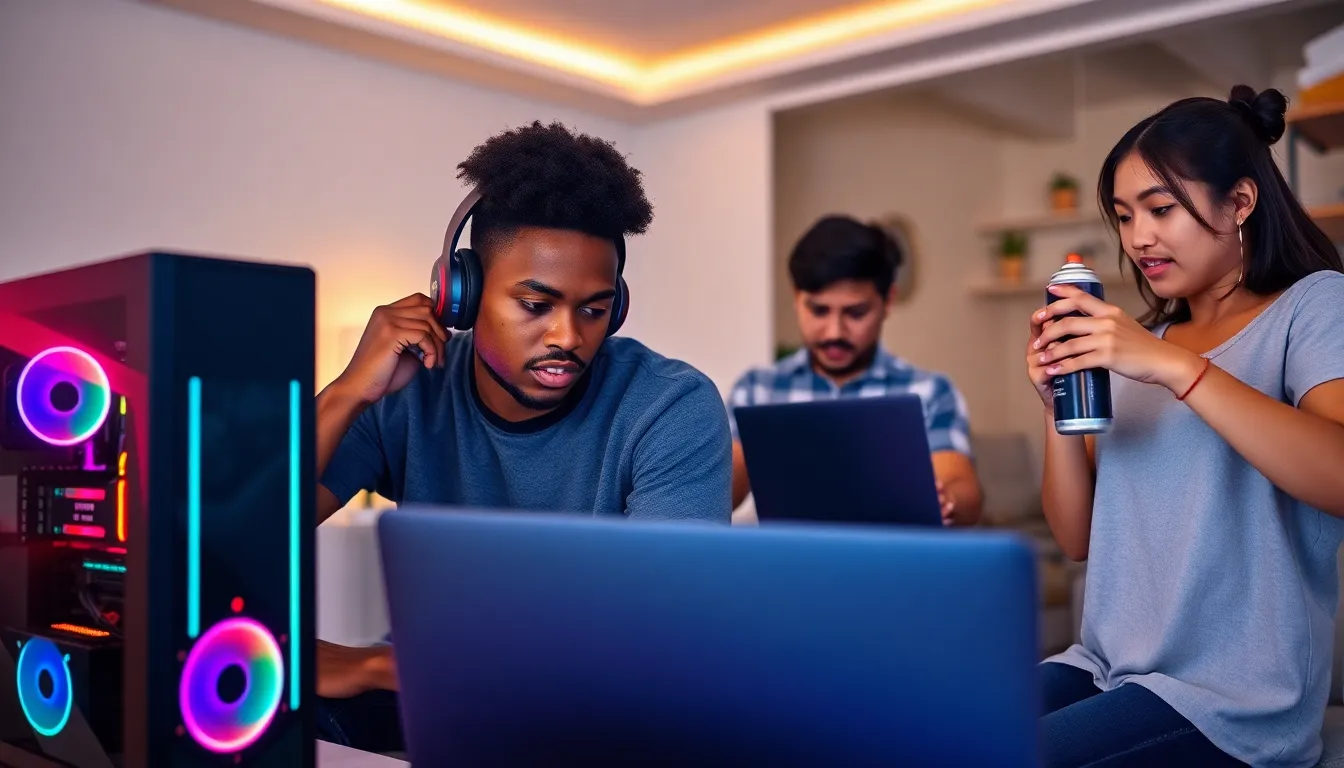 diverse group of gamers troubleshooting a high-performance gaming setup.