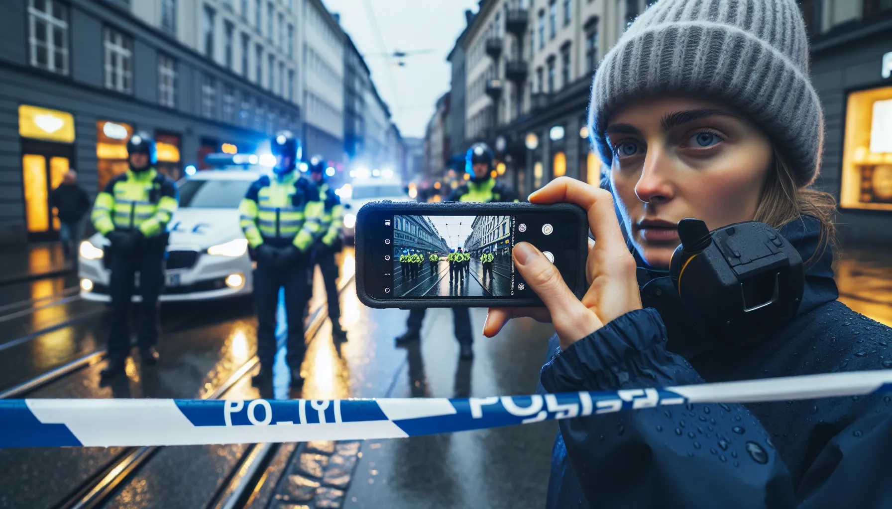 Person filming norwegian police behind politi tape on a rainy oslo street.