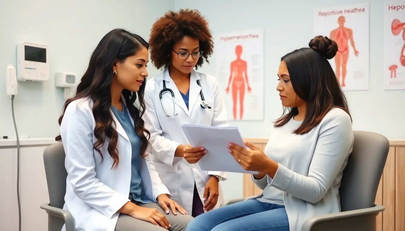 Doctor discussing hypermenorrhea with a patient in a modern clinic.