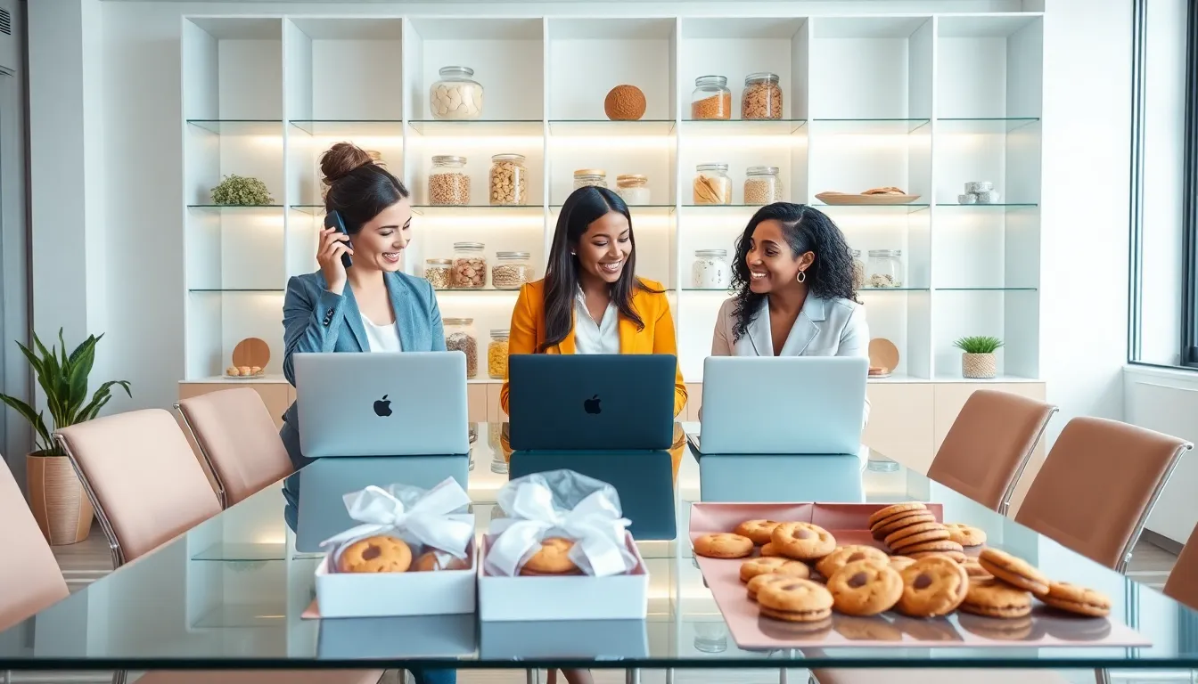 diverse team discussing cookie orders in a modern office setting.