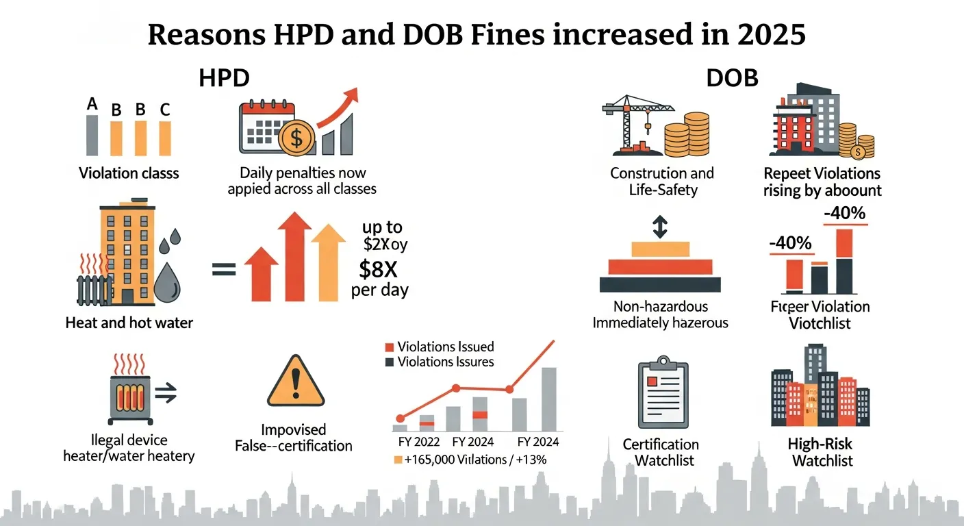 Infographic showing why NYC HPD and DOB building fines increased in 2025.