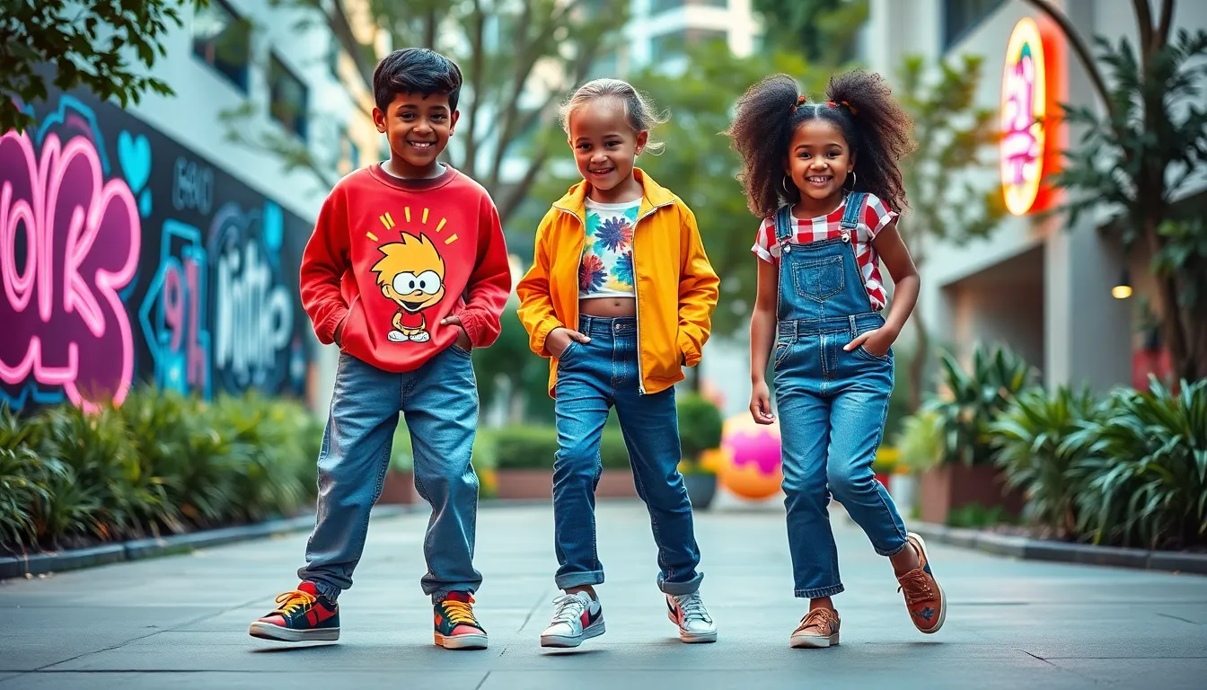 Kids in 90s fashion enjoying a playful moment in an urban park.