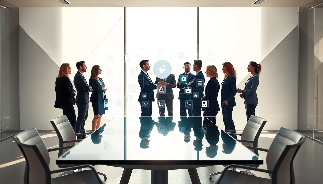 diverse professionals collaborating with a digital app management dashboard.