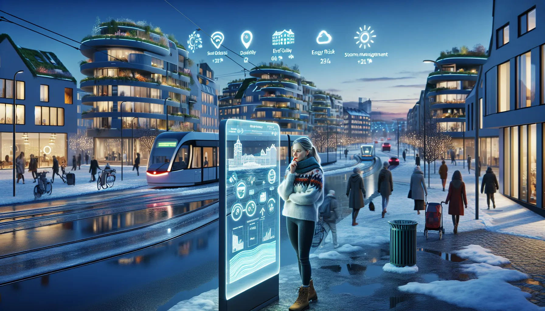 Norwegian street with smart city display, electric tram, green roofs and sensors.