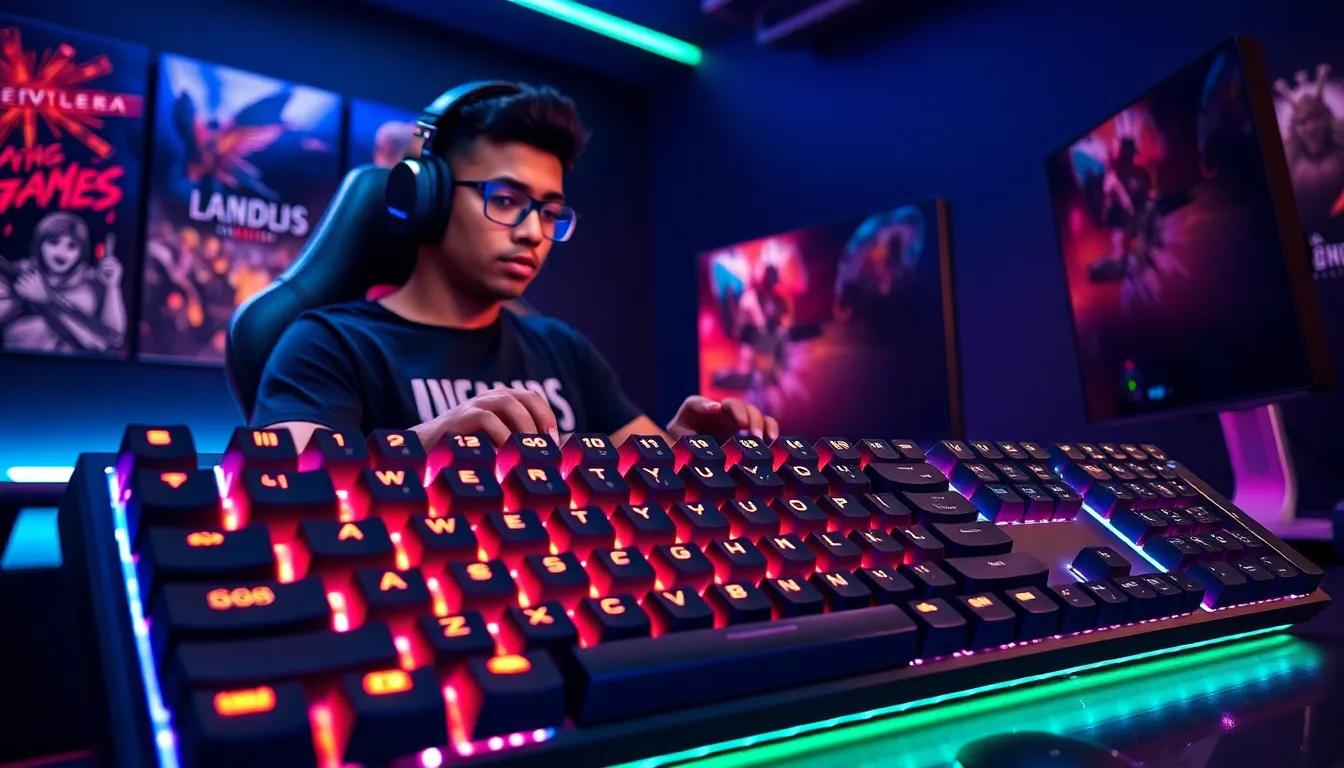 A gamer using the Tank Rapid Keyboard with vibrant RGB lighting.