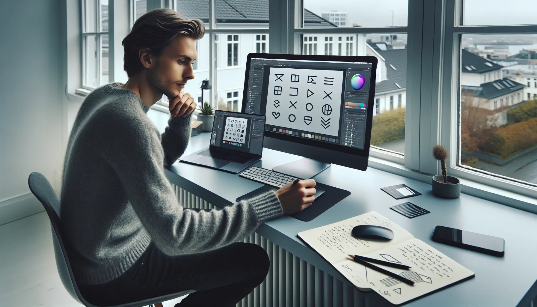 Young norwegian entrepreneur designing a professional logo on a laptop with free tools.