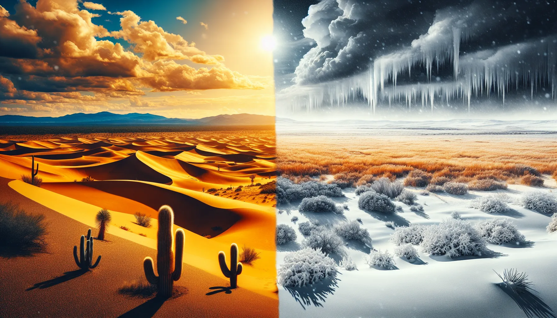 A visual comparison of hot and cold desert landscapes.