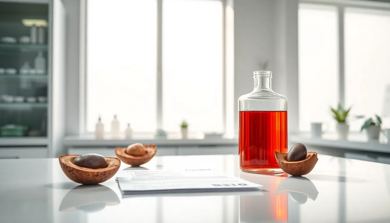 Batana oil in a lab with palm nut and quality certificates.