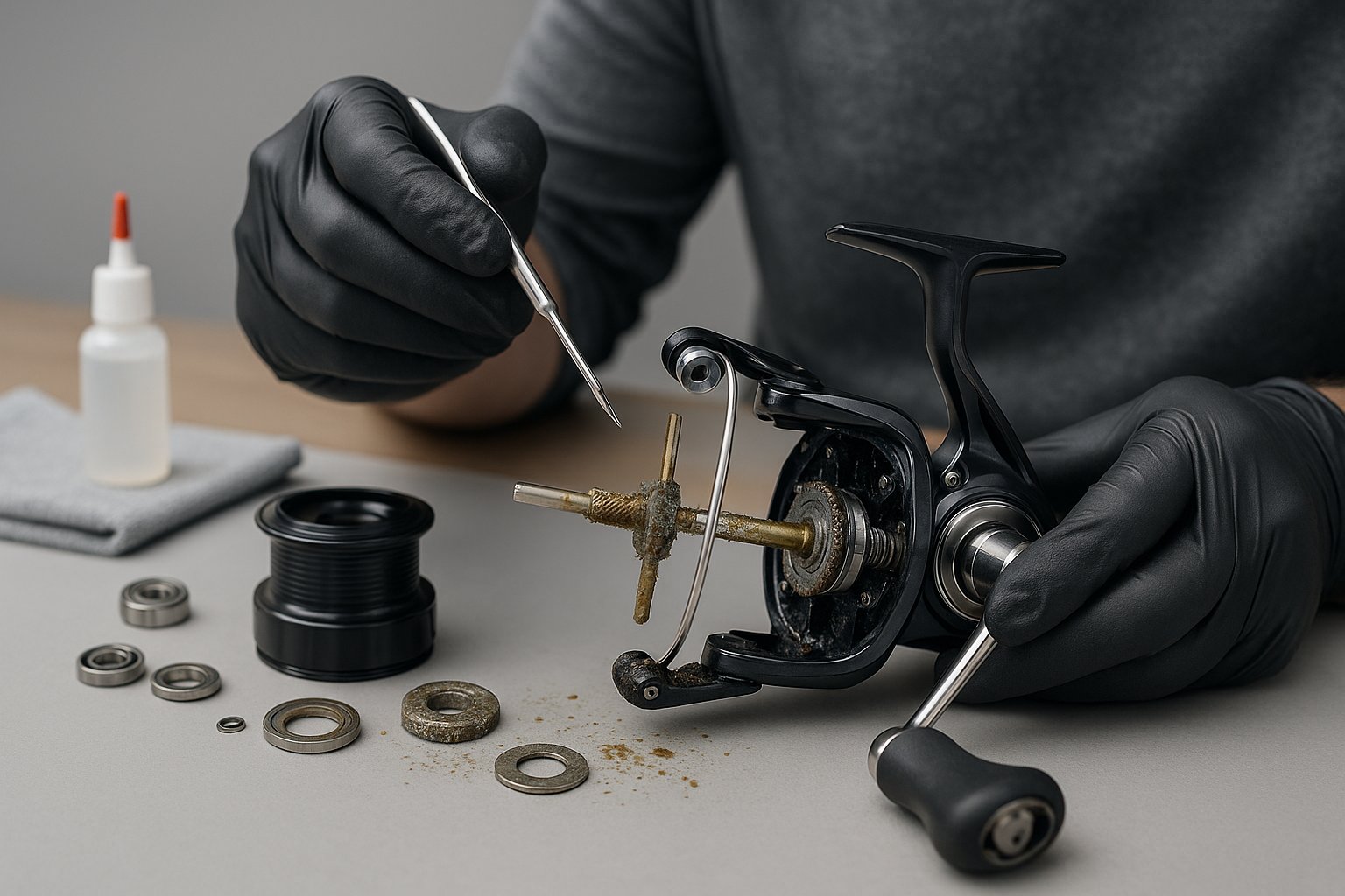 Fishing reel inspection showing dirt, worn parts, and maintenance tools.