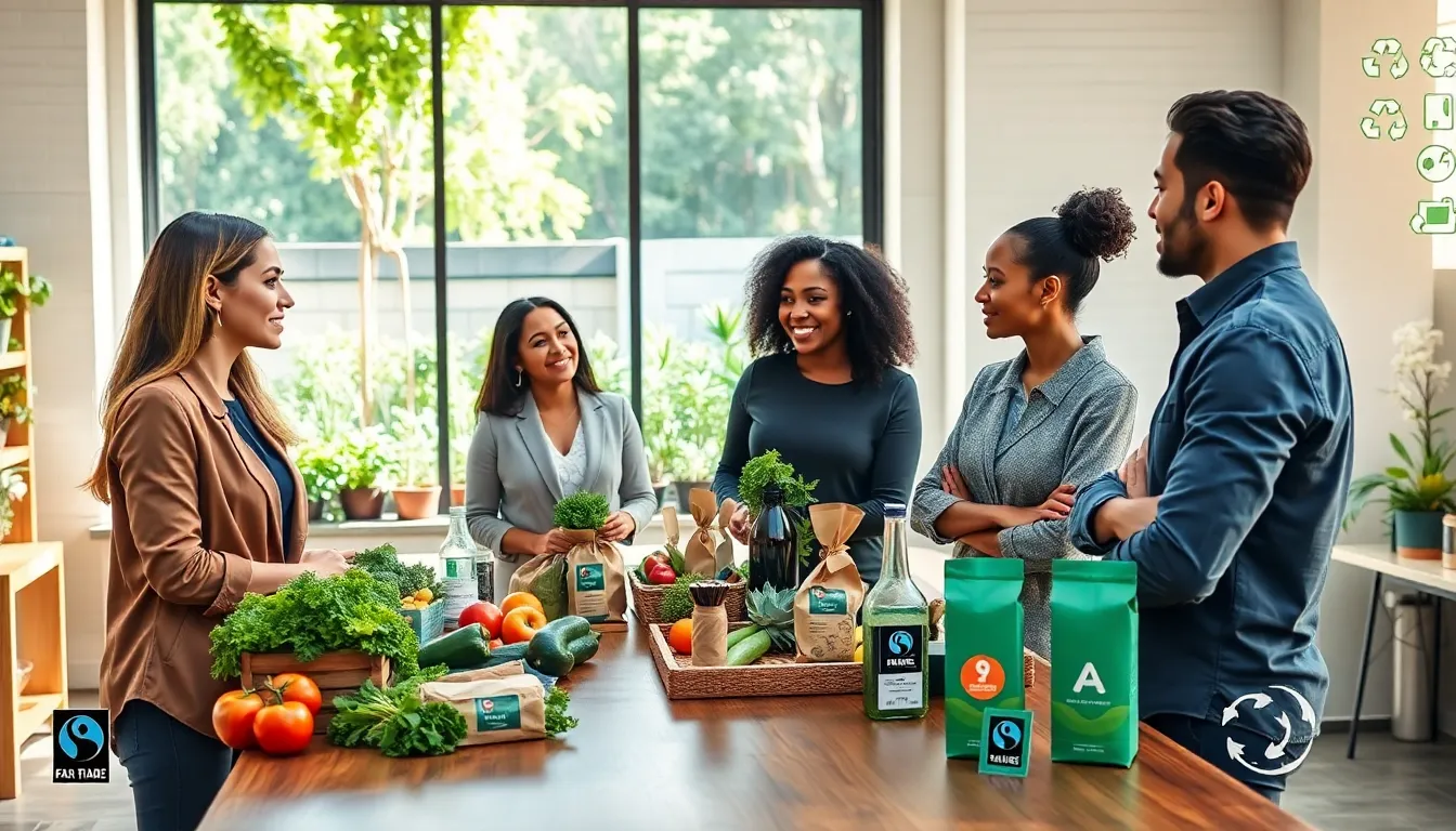 professionals discussing sustainability in a modern food setting.